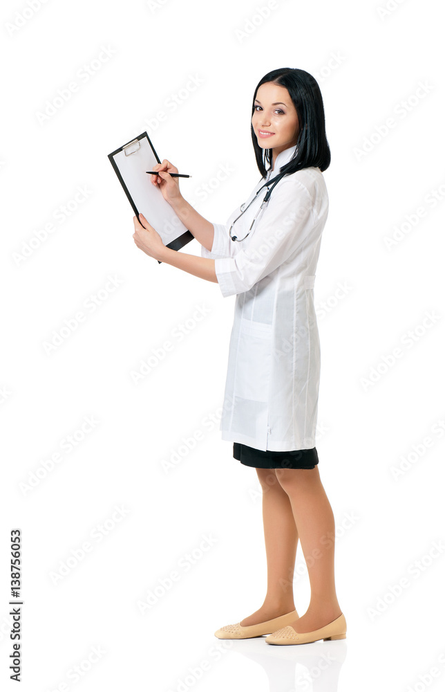 Portrait of smiling female doctor holding a clipboard - isolated over a white background Portrait of smiling female doctor holding a clipboard - isolated over a white background