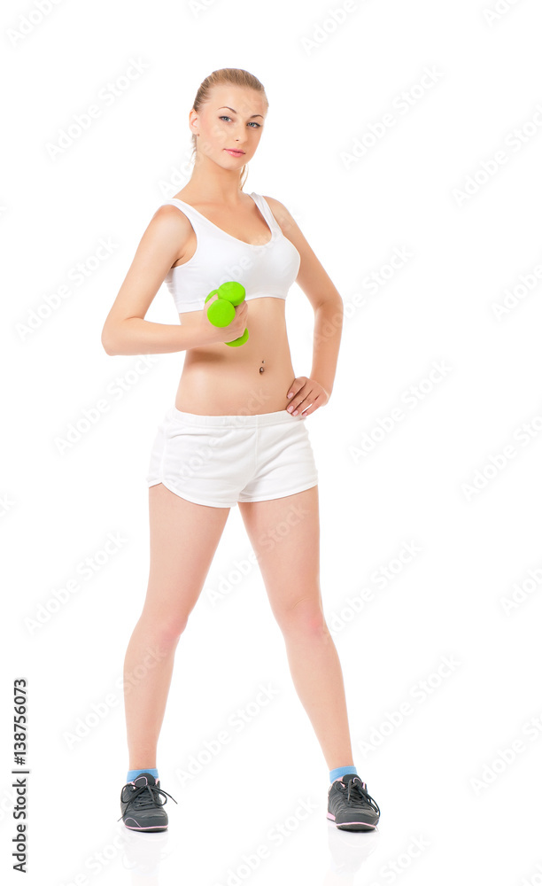 Beautiful fitness girl with dumbbells, isolated on white background Beautiful fitness girl with dumbbells, isolated on white background