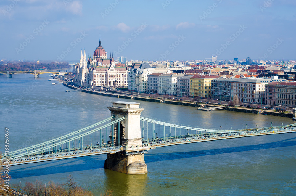 Skyline panorama of Budapest, Chain Bridge, Hungarian Parliament and houses.