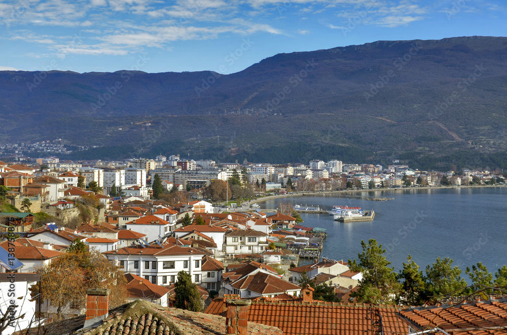 Obraz premium Ohrid with Lake Ohrid, Macedonia - Old town and harbor