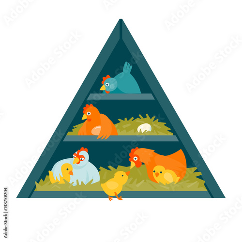 Henhouse in shape of triangle with funny birds vector illustration cartoon style