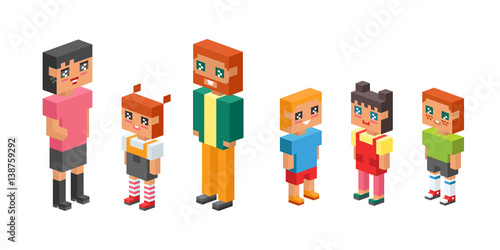 3d isometric family couple children kids people concept flat icons flirting love first date parenting together vector square illustration man woman