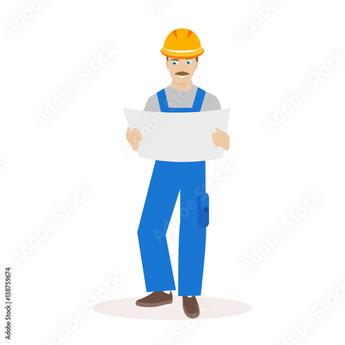 Builder or construction superintendent in a helmet and with blueprints construction in their hands. Flat character isolated on white background. Vector, illustration EPS10.