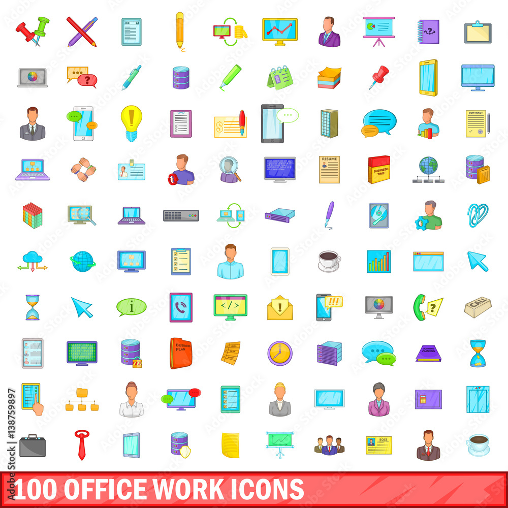 100 office work icons set, cartoon style 100 office work icons set, cartoon style
