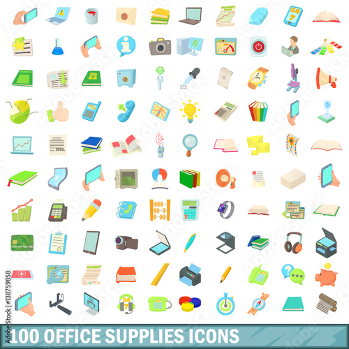 100 office supplies icons set, cartoon style