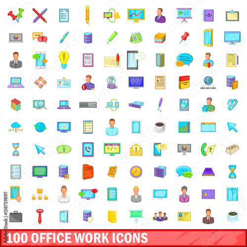100 office work icons set, cartoon style