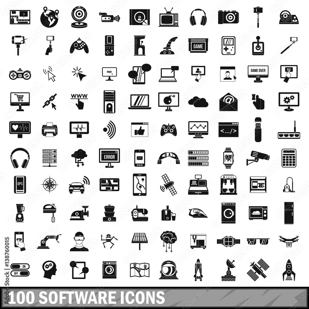 100 software icons set in simple style