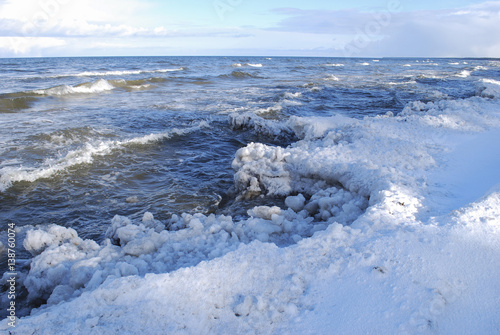 Sea spring landscape. Waves in the Baltic Sea, the melting of ice.