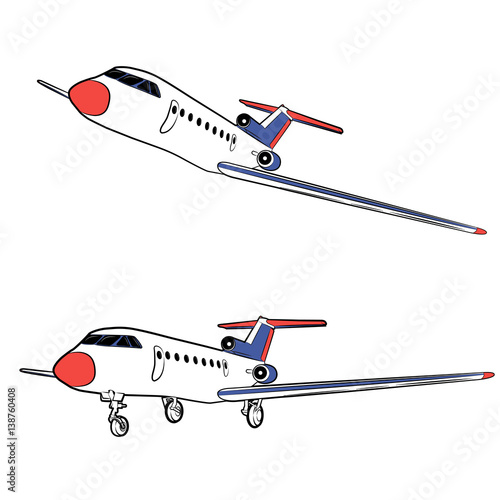 Vector illustration of a passenger jet in the static state and in flight on a white background photo