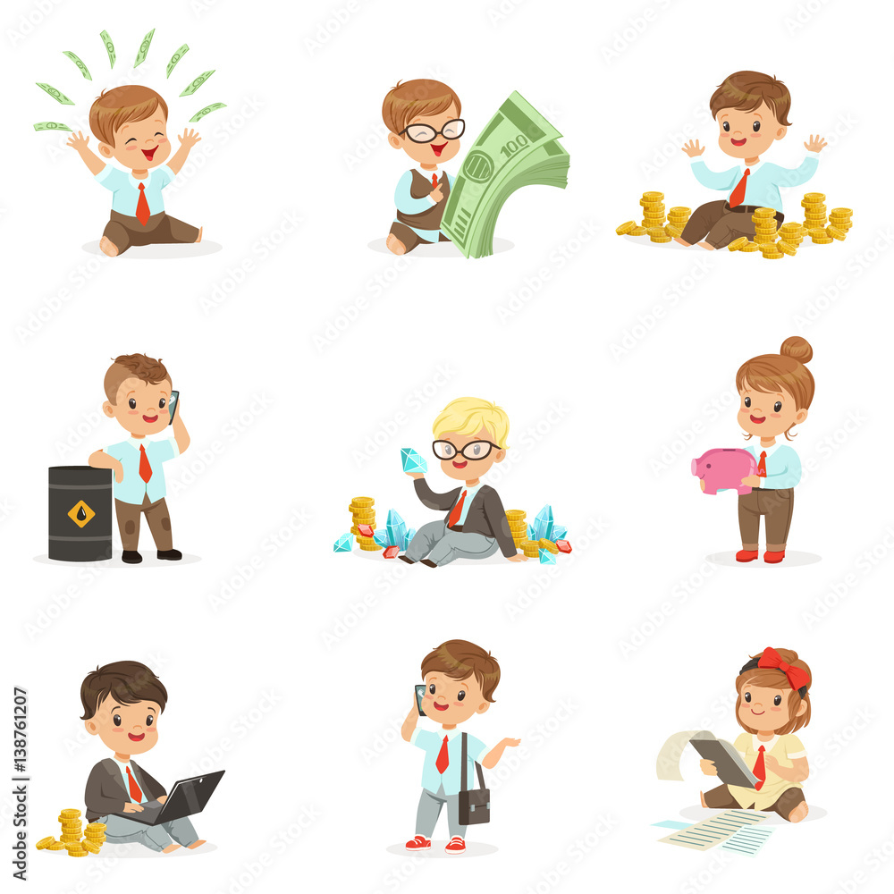 Kids In Financial Business Collection Of Cute Boys And Girls Working As Businessman Dealing With Big Money Kids In Financial Business Collection Of Cute Boys And Girls Working As Businessman Dealing With Big Money