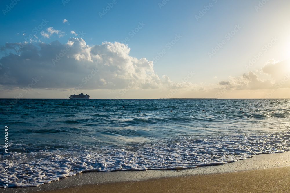 Beach landscape with cruise ship in the background