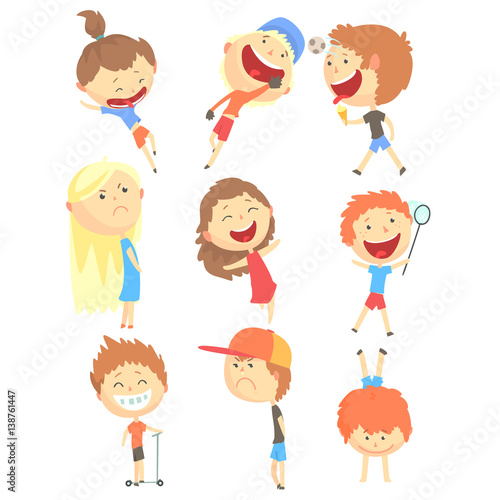 Small Kids Playing And Running, Having Fun On Summer Vacation Outdoors Set Of Cool Cartoon Characters