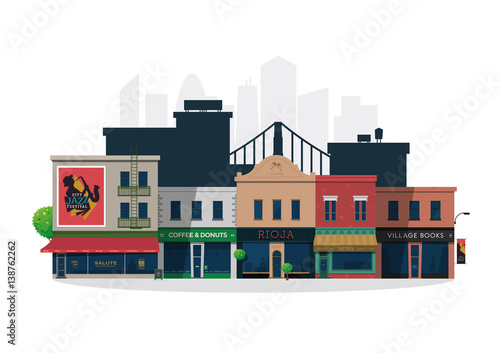Photography Illustrated city village street with shops and bars