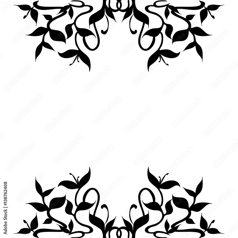 Black silhouettes of growing plant sprouts. A symmetric decoration of flourishing curved leaves and stems, designed to ornate pages, templates and frames borders. Vector EPS illustration available.