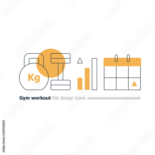 Gym training course concept, kettlebell and dumbbell icons, workout calendar