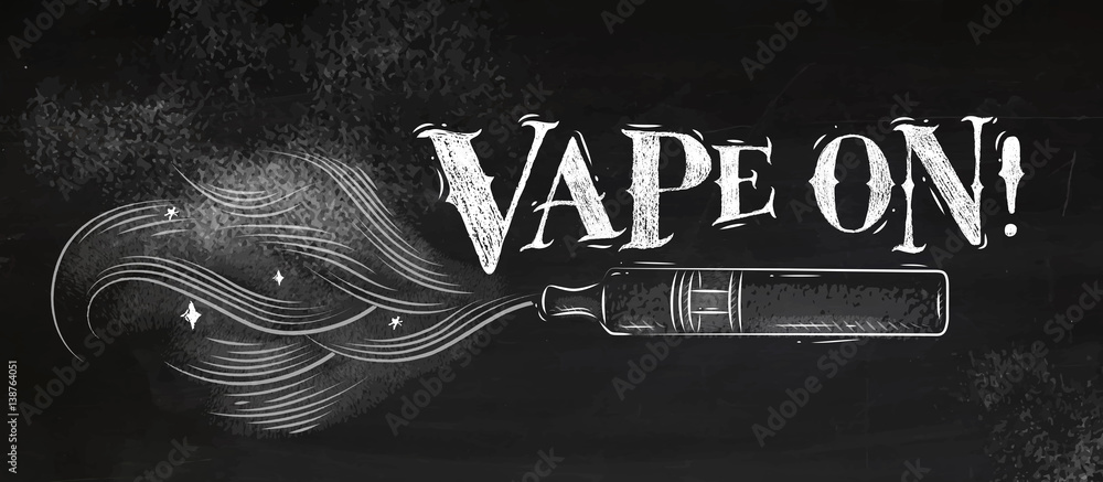 Poster electronic cigarette, vaporizer with smoke cloud in vintage style lettering vape on drawing with chalk on chalkboard background