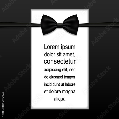 Black bow tie on postcard Vector illustration Postcard template in black and white color bandaged a black bow tie Realistic style