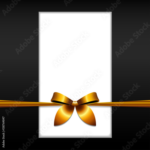 Golden ribbon bow on postcard Vector illustration Postcard template in black and white color bandaged a golden ribbon bow Realistic style