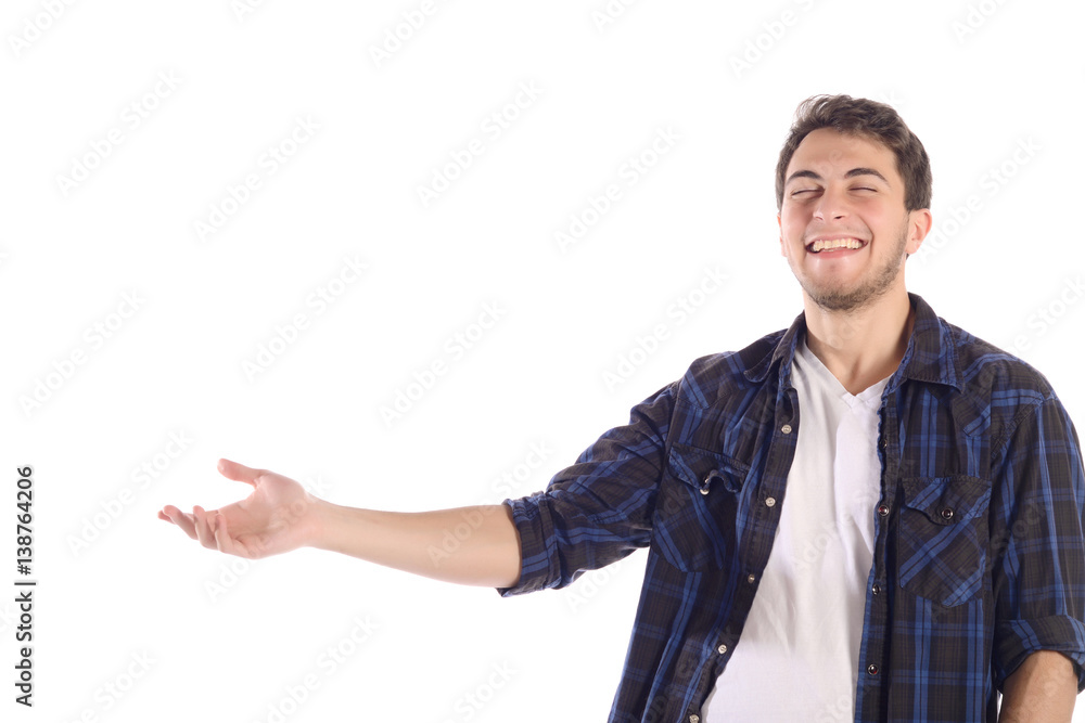 Man showing something on palm. Man showing something on palm.