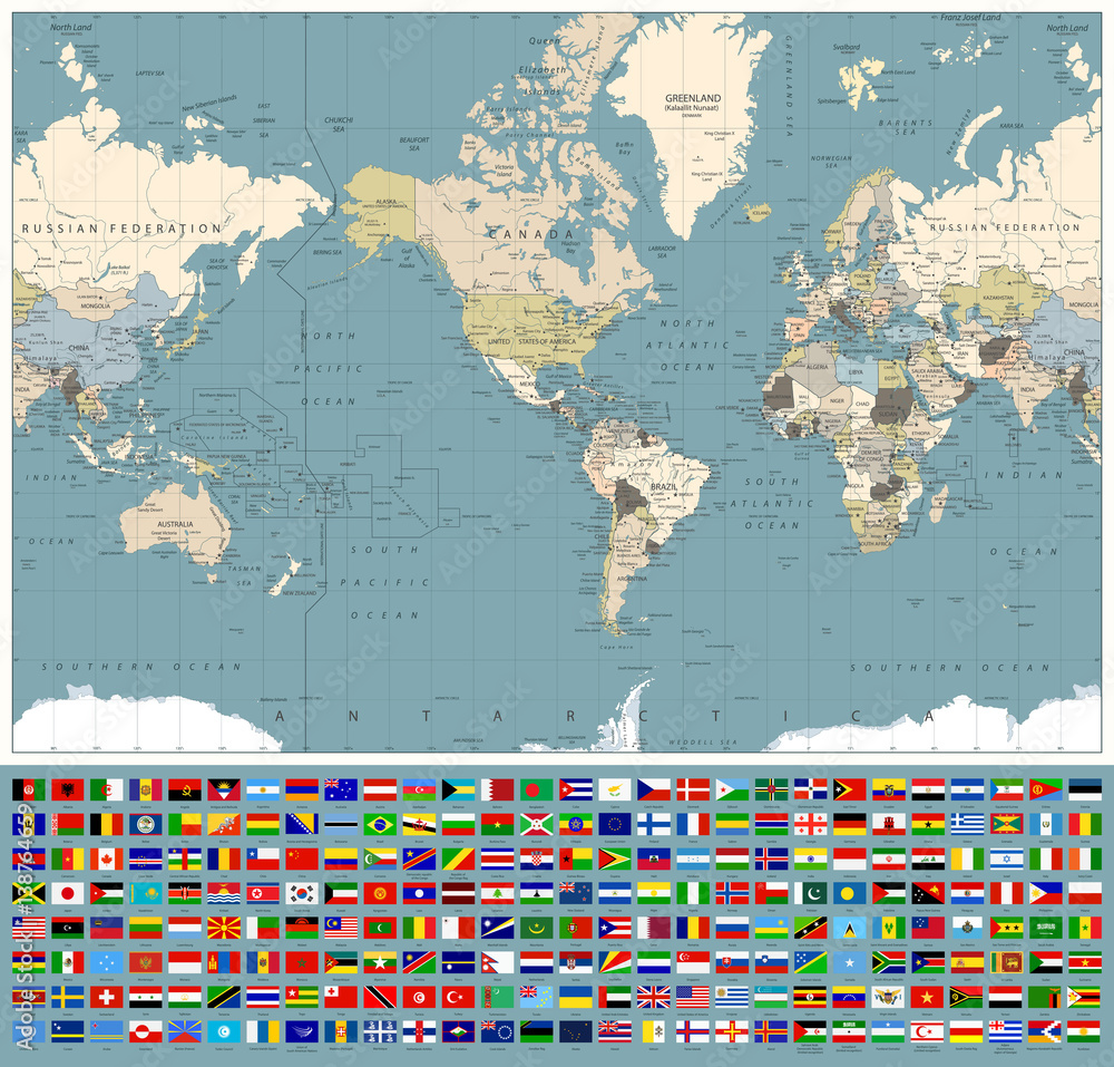 Fototapeta Ameryka Centrowana mapa świata i wszystkie flagi świata. Retro kolory