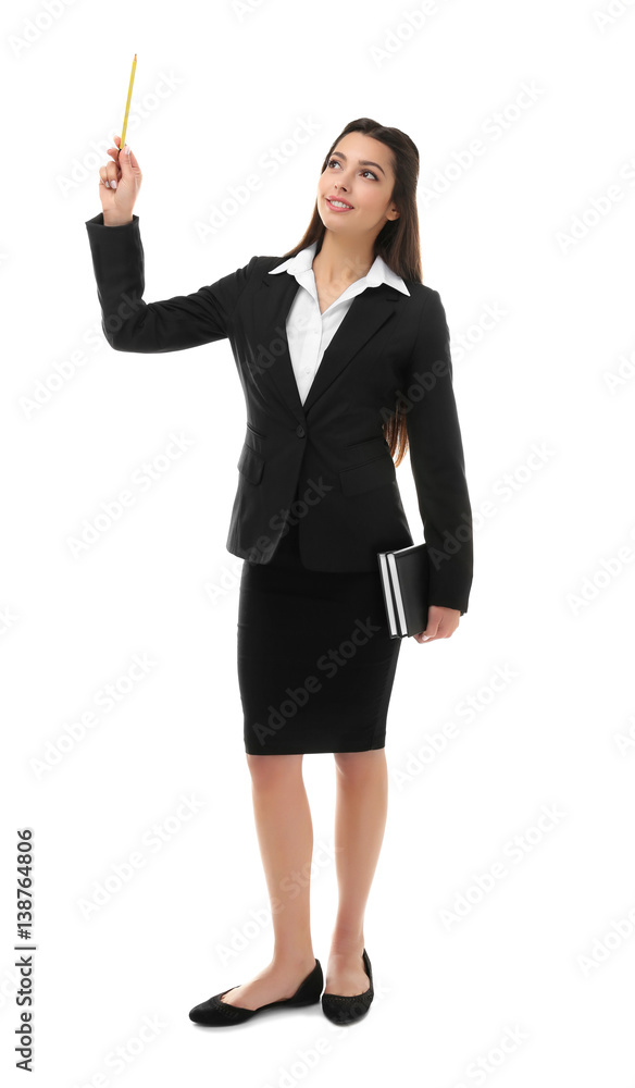 Beautiful young teacher on white background Beautiful young teacher on white background