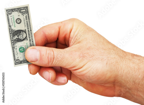 isolated hand holding tiny dollar bill