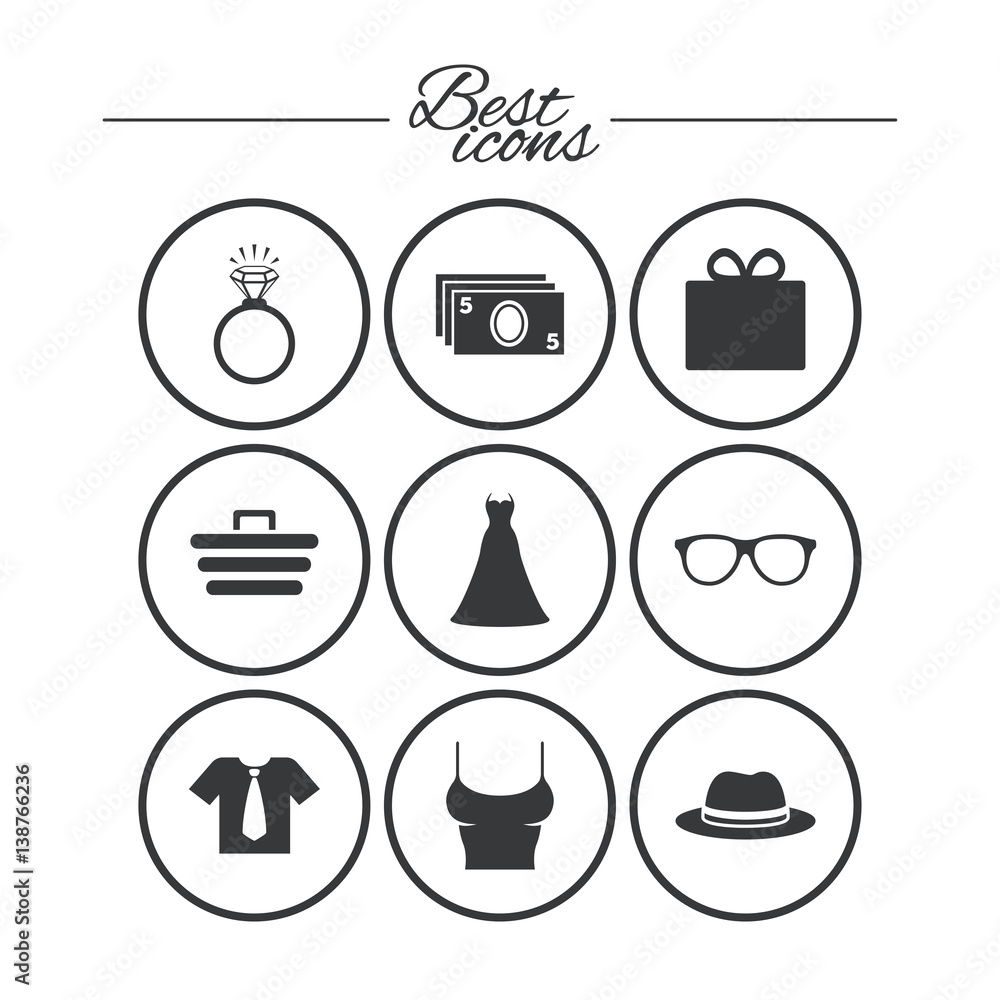 Accessories, clothes icons. Shopping signs. Accessories, clothes icons. Shopping signs.