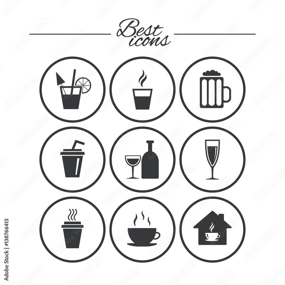 Tea, coffee and beer icons. Alcohol drinks. Tea, coffee and beer icons. Alcohol drinks.