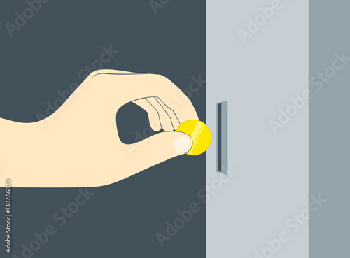 Hand insert coin or chip in vending machine slot