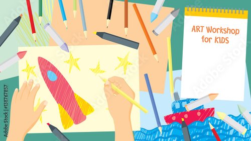 Kids craft drawing and painting - education and enjoyment concept