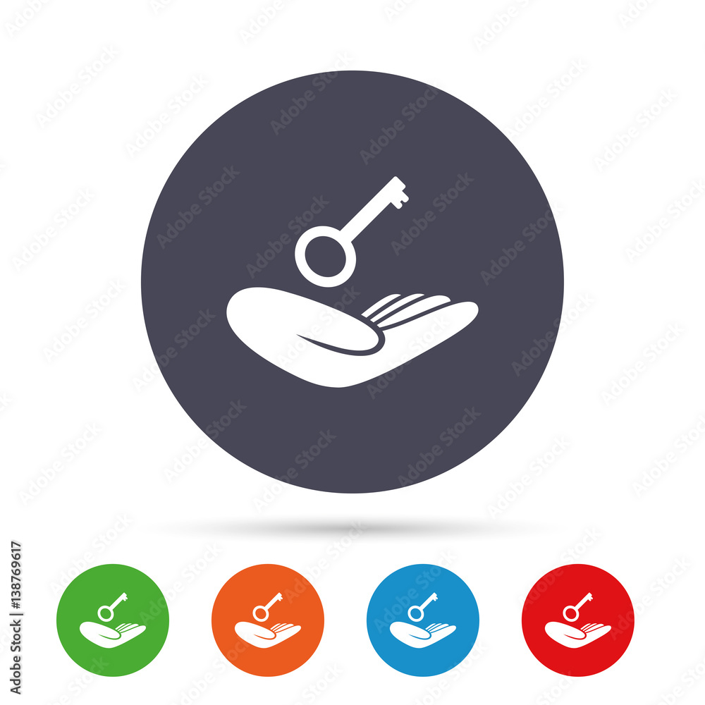 House insurance sign. Hand holds home key symbol. House insurance sign. Hand holds home key symbol.