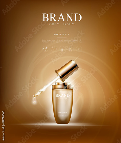 Serum essence golden with dropper in bottle. Skin care collagen hyaluronic moisture formula treatment with honeycomb design elements. Anti age drops DNA helix protection and lifting solution