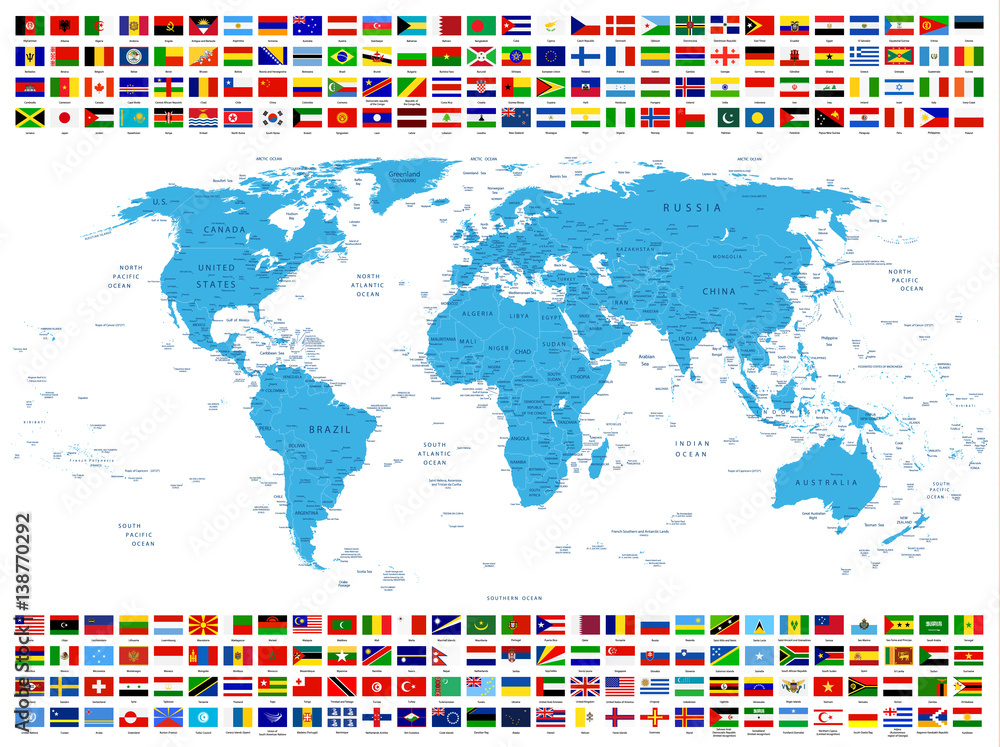 Fototapeta Wszystkie flagi państwowe i mapa świata
