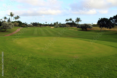 Golf course with tropical palm trees, Ko Olina, Oahu, Hawaii, USA