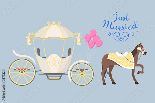 Fairy tale vintage carriage decoration with cute fashion horse royal element and princess retro wedding coach with classic elegant accessory vector illustration.