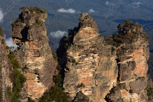 Iconic Three Sisters rock formation in Blue Mountains in evening.