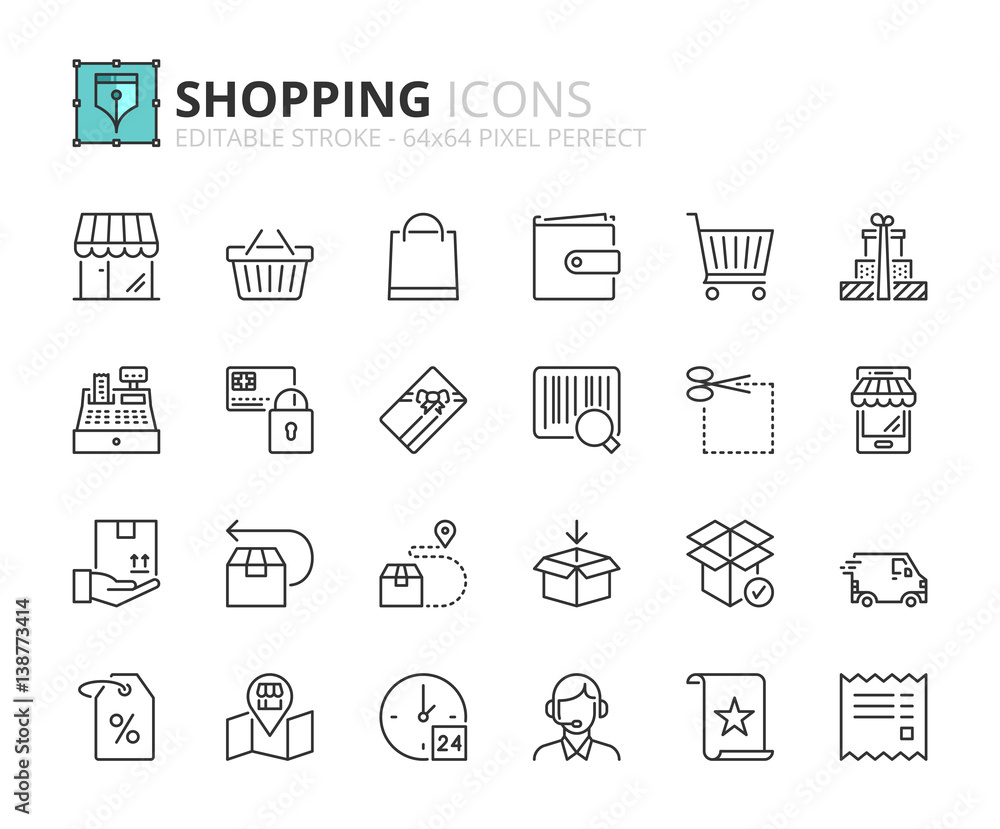 Outline icons about shopping - obrazy, fototapety, plakaty 