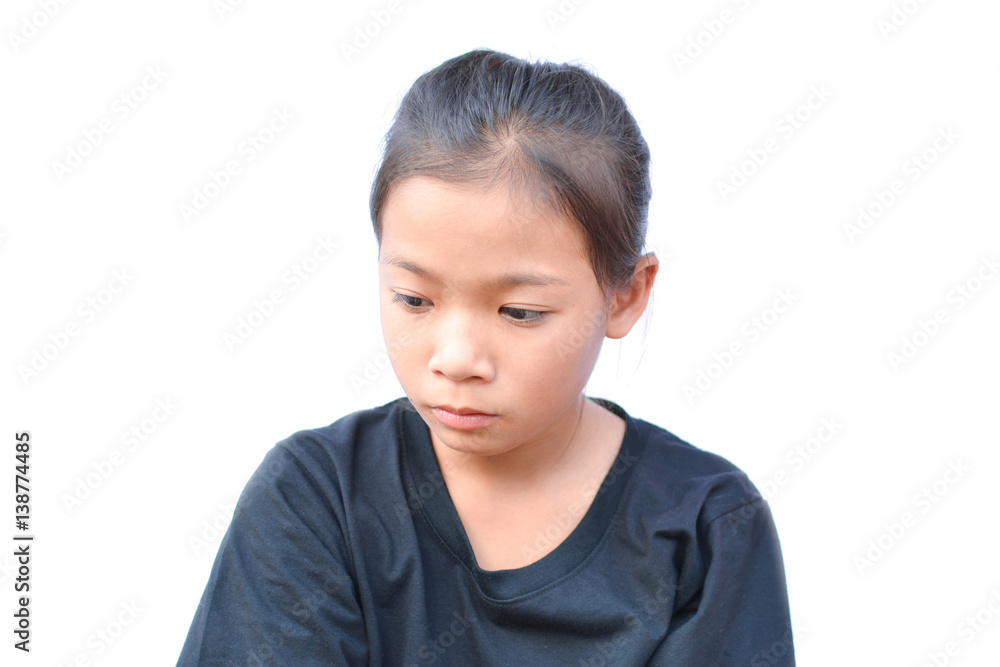Sad little Asian girl on white background Sad little Asian girl on white background