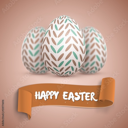 Illustration of Vector Easter Egg Set. Happy Easter Painted Vector Egg Set with Ribbon Banner and DOF Photography Effect