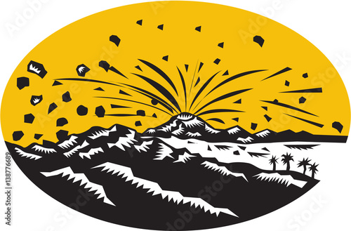 Illustration of a volcano erupting volcanic eruption resulting to island formation set inside oval shape done in woodcut style.
