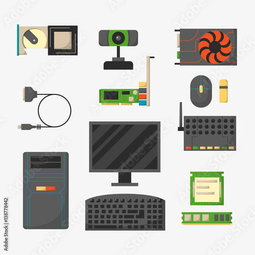 Computer parts network component accessories various electronics devices and desktop pc processor drive hardware memory card vector illustration.