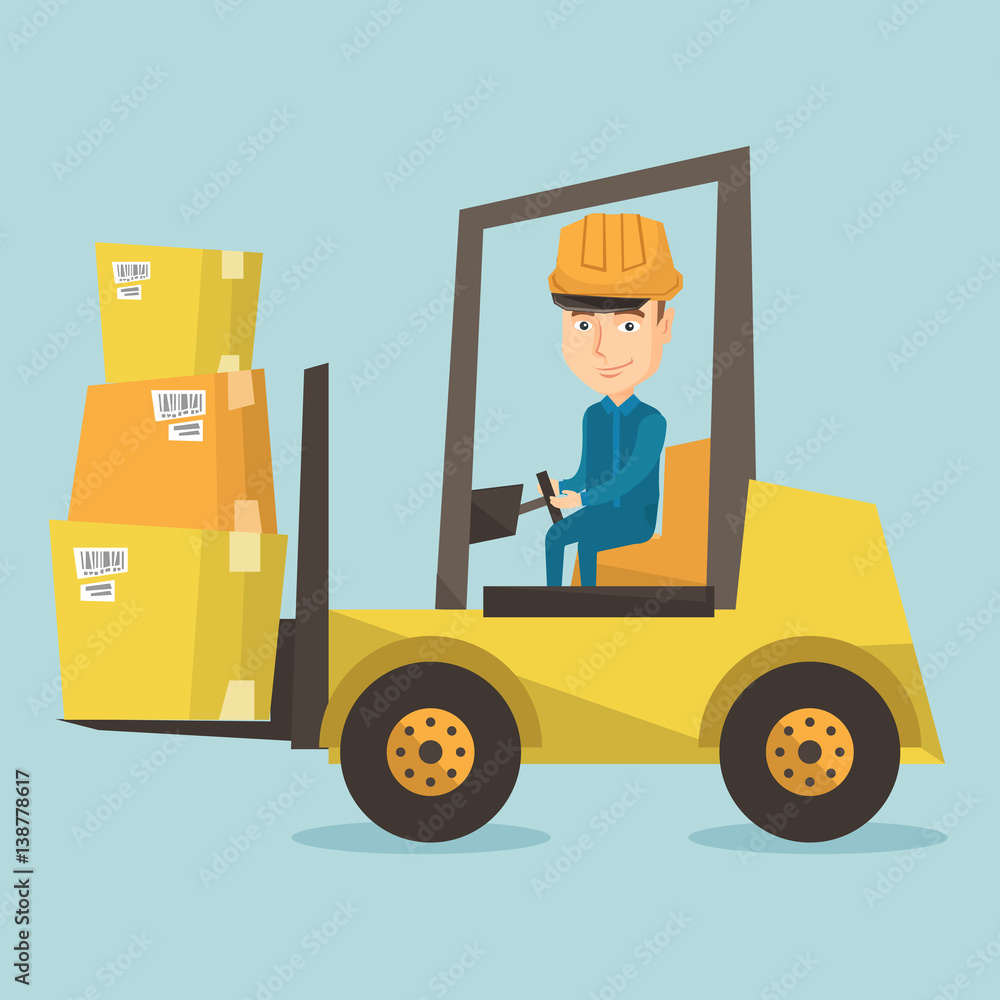Warehouse worker moving load by forklift truck. Warehouse worker moving load by forklift truck.