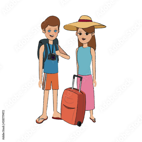 traveling couple with suitcase icon image vector illustration design 