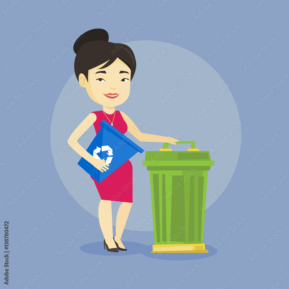 Woman with recycle bin and trash can.