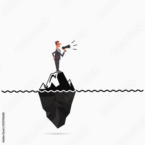 Businessman announce the risk analysis iceberg template.Man holding megaphone with iceberg infographic template.Businessman on megaphone make an announcement.