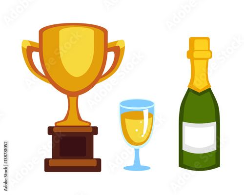 Vector trophy champion cup and champagne bottle flat icon. Winner trophy award and victory prize. Sport success and best win golden leadership award competition illustration.