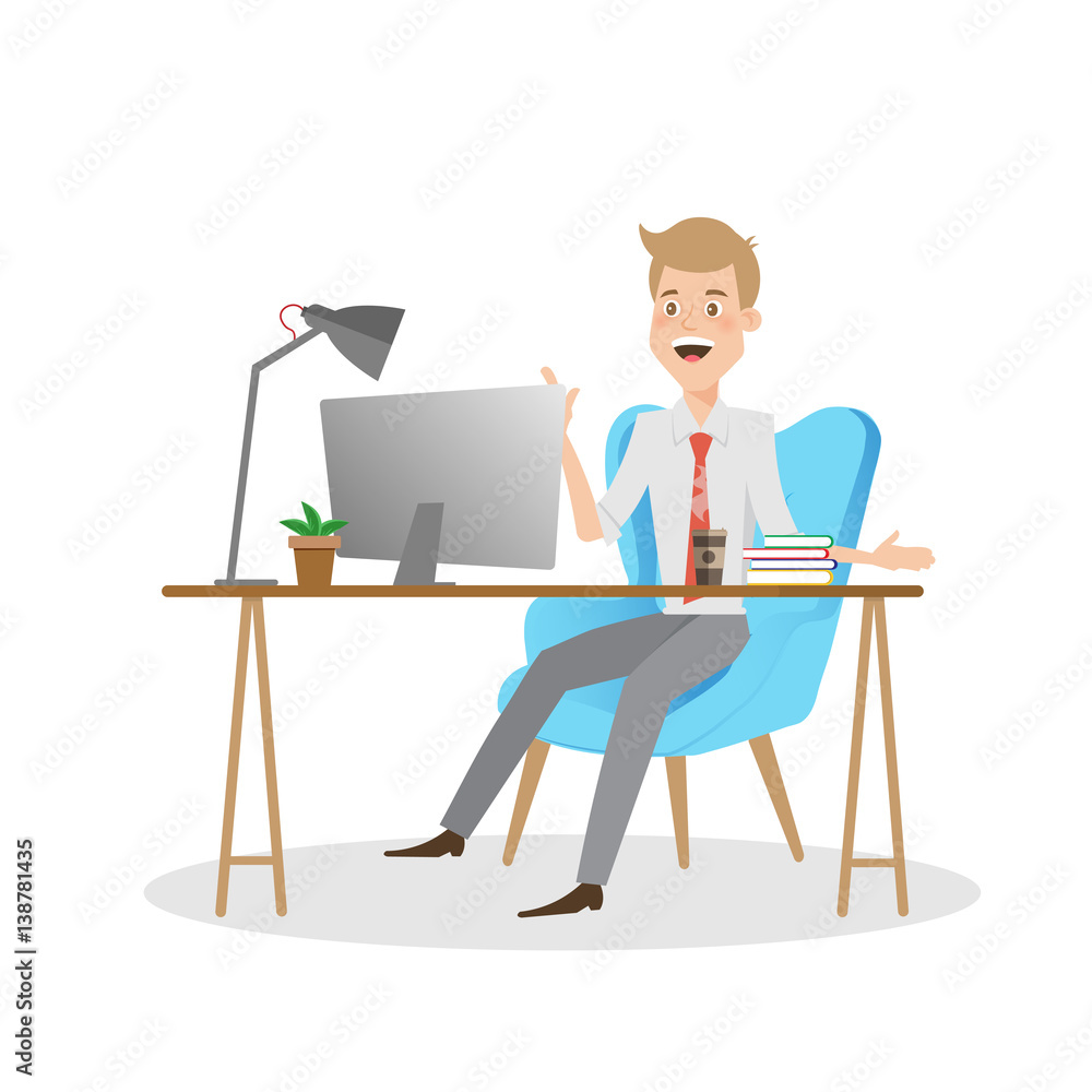 Business man working on computer at office desk. Business man working on computer at office desk.