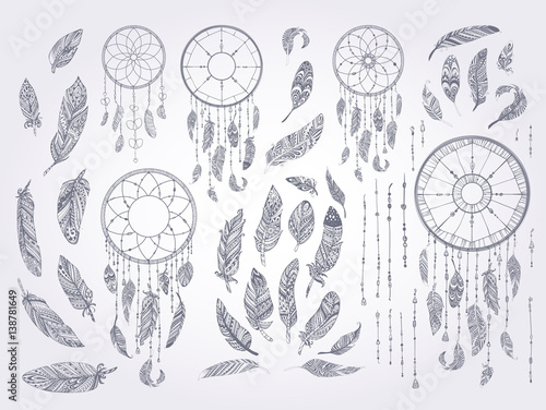 Rustic Ethnic decorative feathers. Hand drawn vintage vector design set. Black and white ink sketch illustration. Vintage Tribal and Decorative feathers.