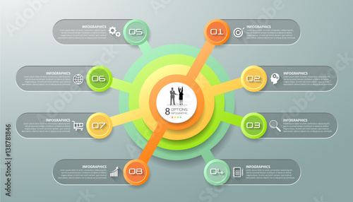 Design infographic template 8 options. can be used for workflow layout, diagram, number options, timeline and steps