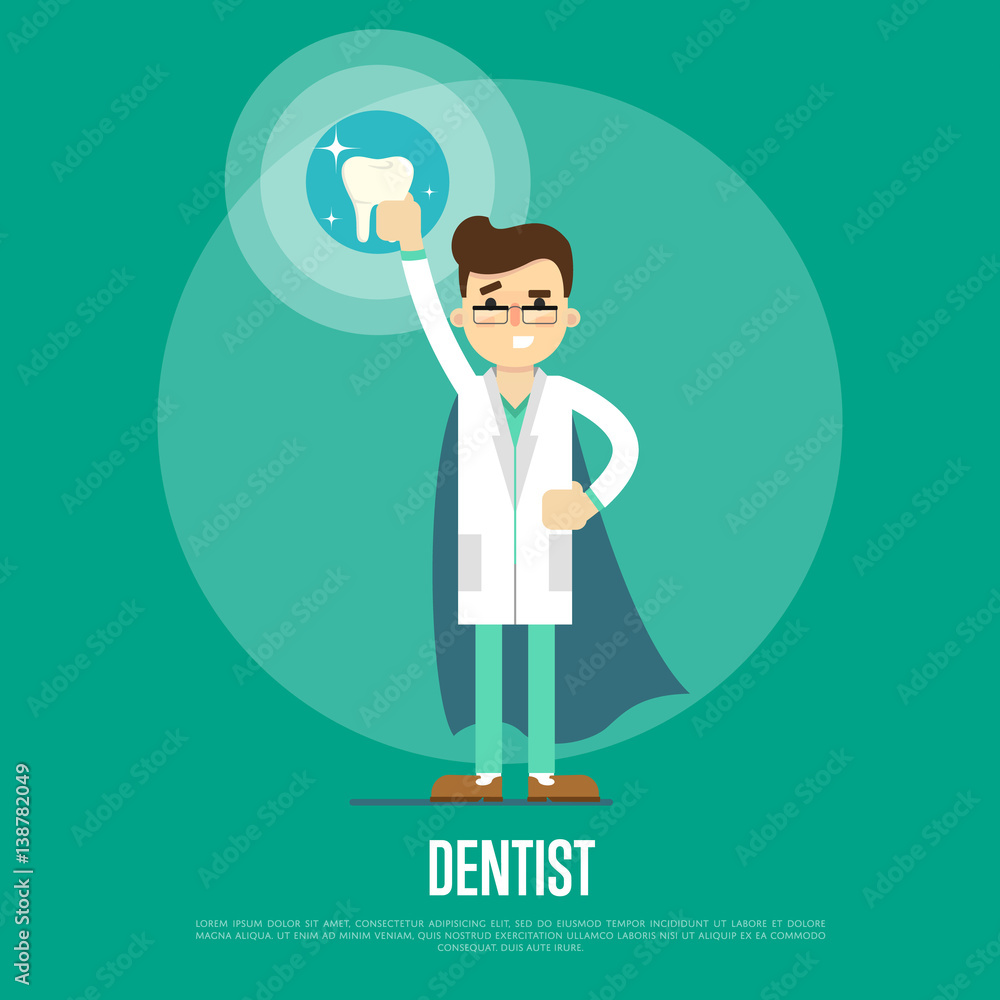 Male cartoon dentist in medical uniform and superhero blue cape holding big tooth on green background, vector illustration. Dental office banner. Oral hygiene, tooth health, dental care concept Male cartoon dentist in medical uniform and superhero blue cape holding big tooth on green background, vector illustration. Dental office banner. Oral hygiene, tooth health, dental care concept